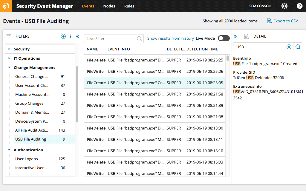 Security Event Manager USB monitoring screenshot
