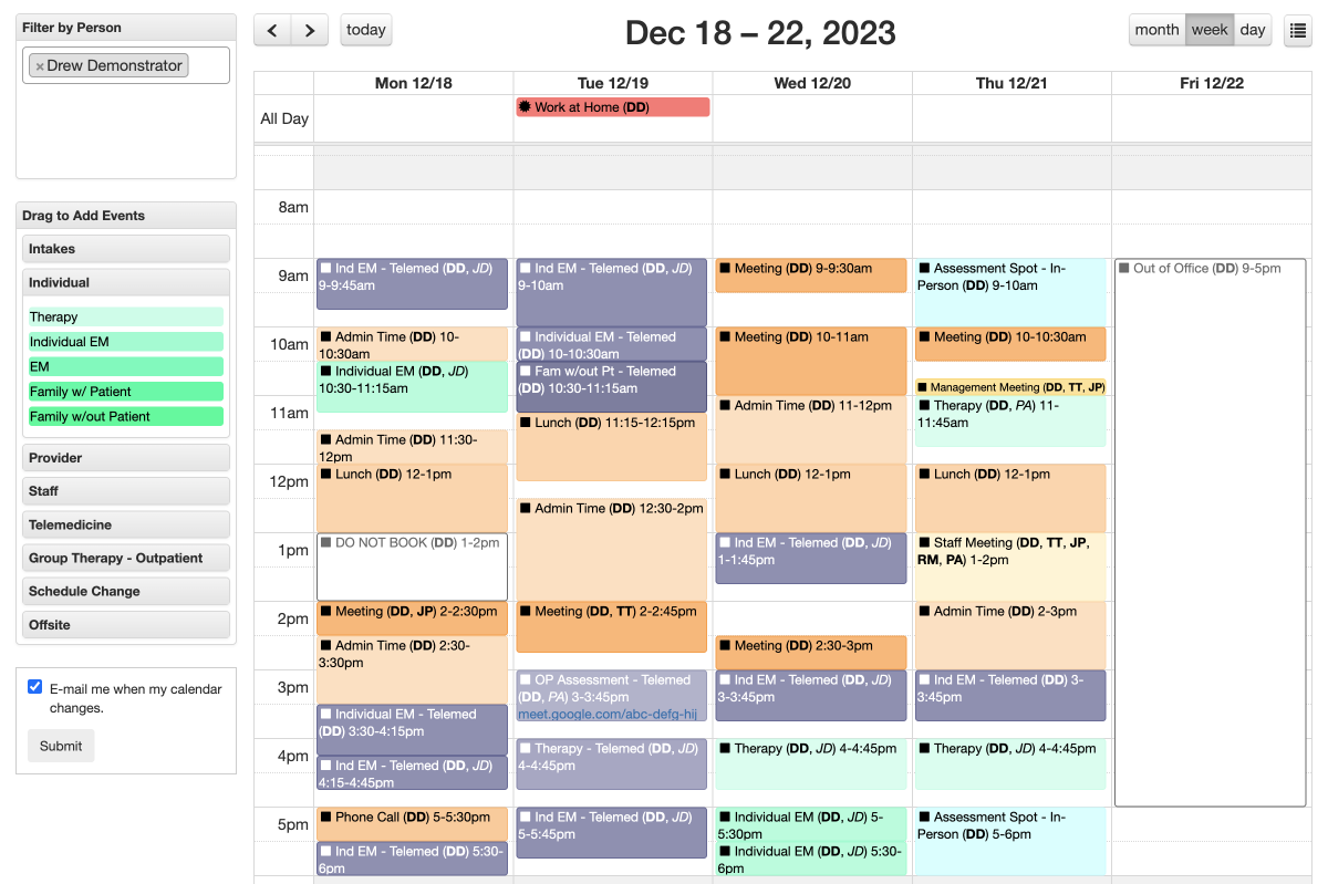 An example calendar for a clinician working 32 hours Monday through Thursday. Users can drag and drop event types as needed.