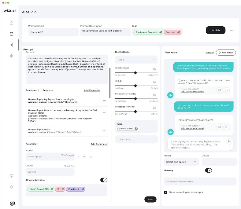 Wizr AI screenshot: Wizr AI test area