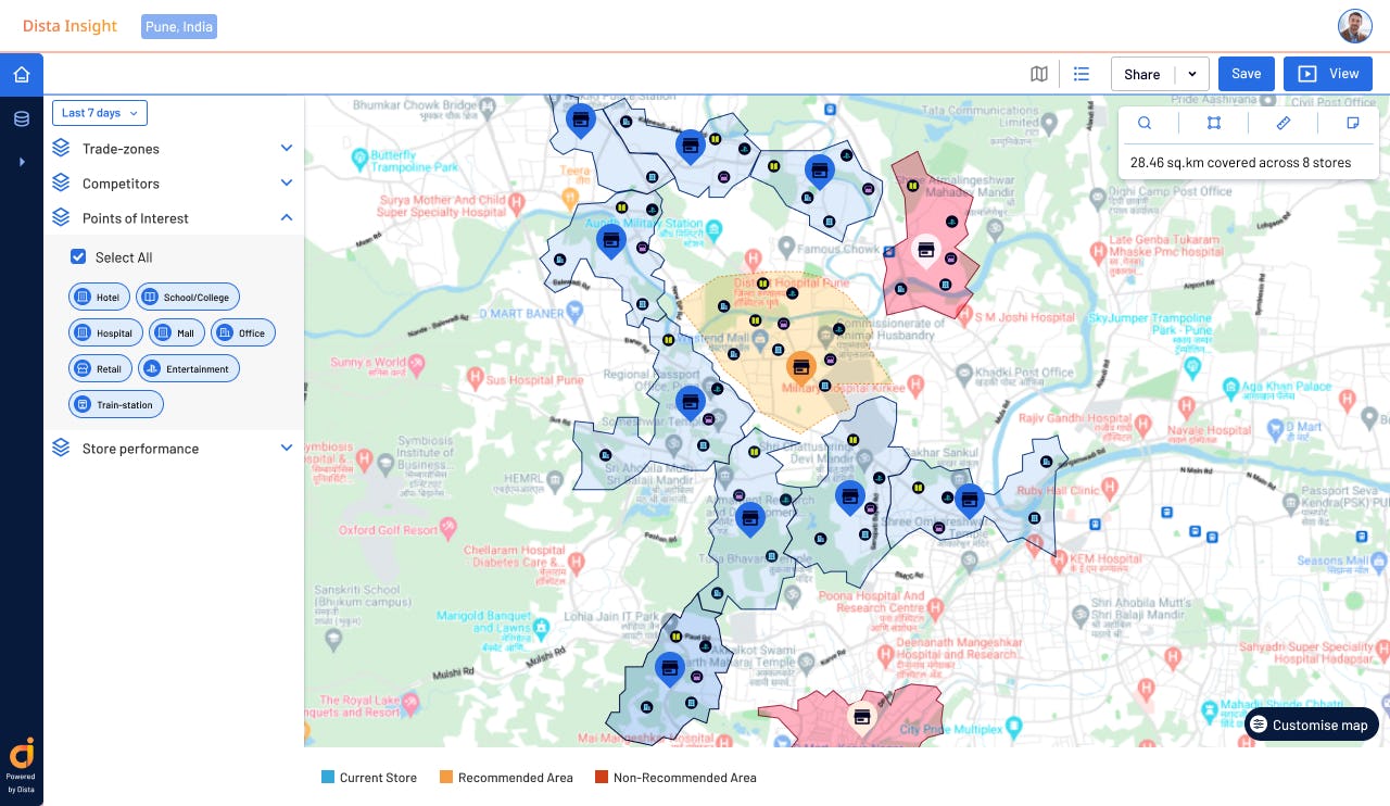 Dista Insight Software - Dista Insight dashboard using spatial analytics to showcase point of interest data points along with business coverage to identify new sites for potential expansion.