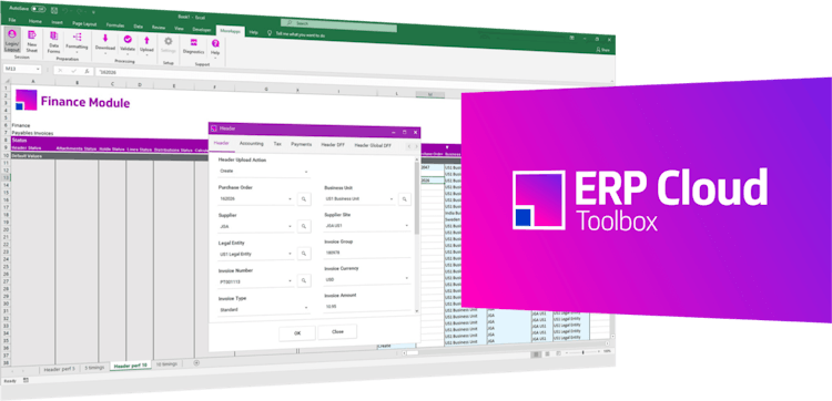 ERP Cloud Toolbox screenshot: Create, download, and update your data from the comfort of an Excel spreadsheet. More4apps ERP Cloud Toolbox empowers end-users to have confidence in the accuracy of their data and to take back control.