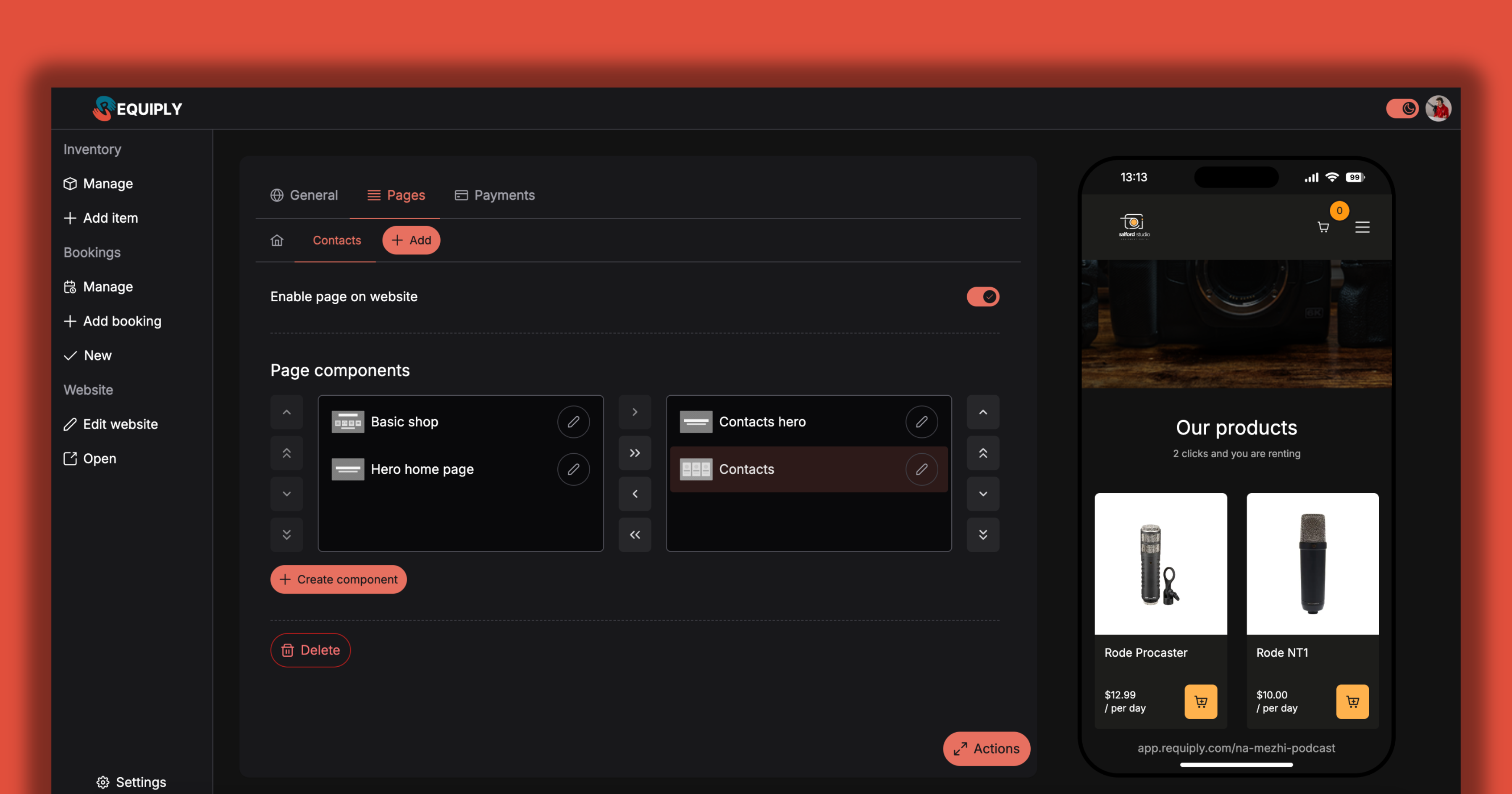 Requiply screenshot: Requiply's intuitive website editor displaying customizable components and configuration options for creating professional rental websites