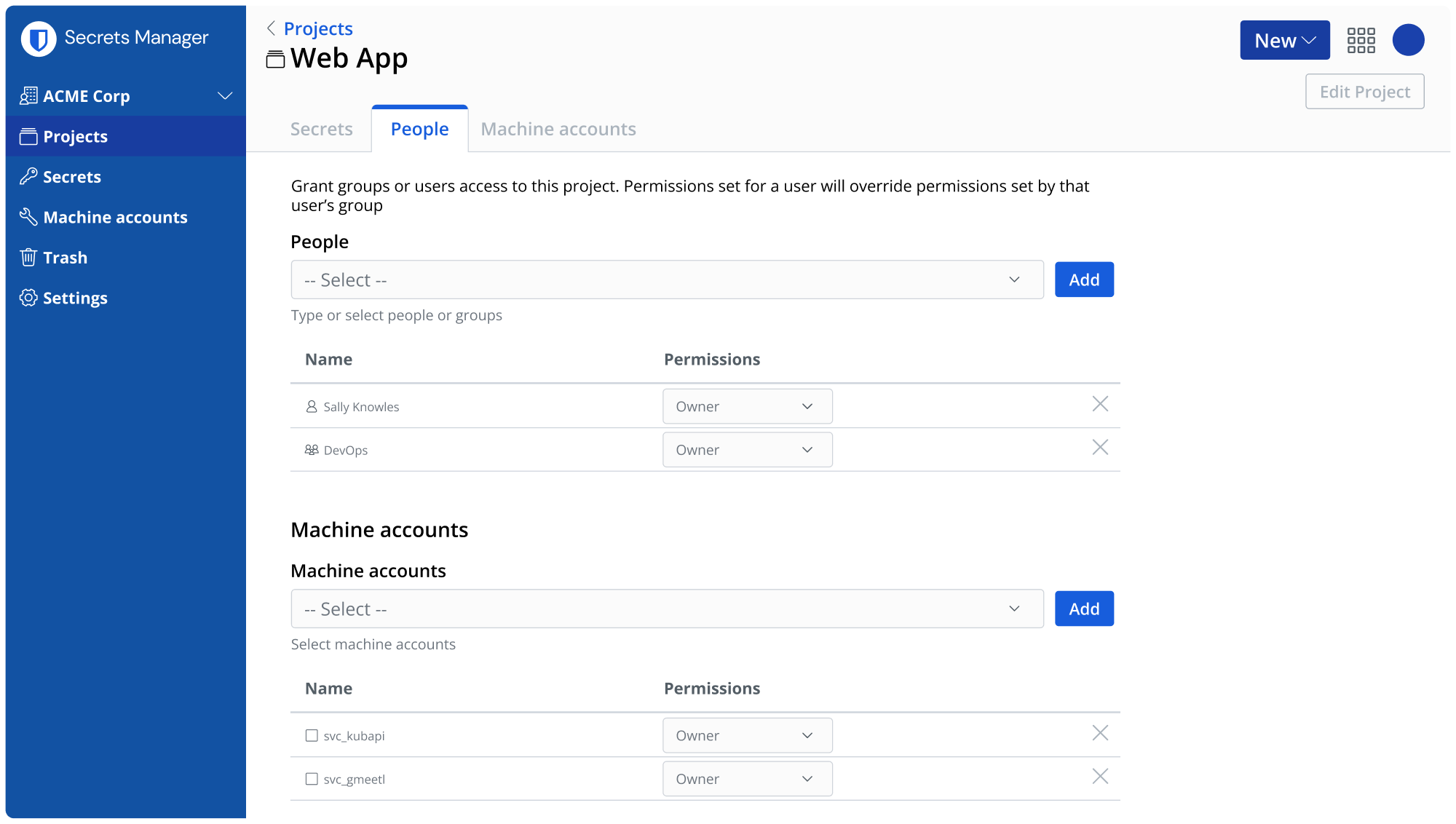 Bitwarden Secrets Manager screenshot: Grant User or Machine Access to Secrets