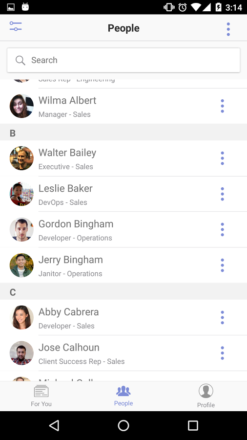 Structural Software - The Structural App for Android showing the People tab where people profiles can conveniently be searched according to keyword