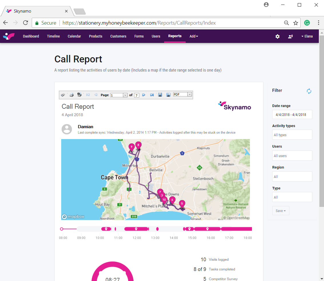 Skynamo Software - A Call Report per rep is sent to management daily. This report includes which customers were visited, how far the rep travelled, how much time they spent visiting customers, and how many tasks they completed