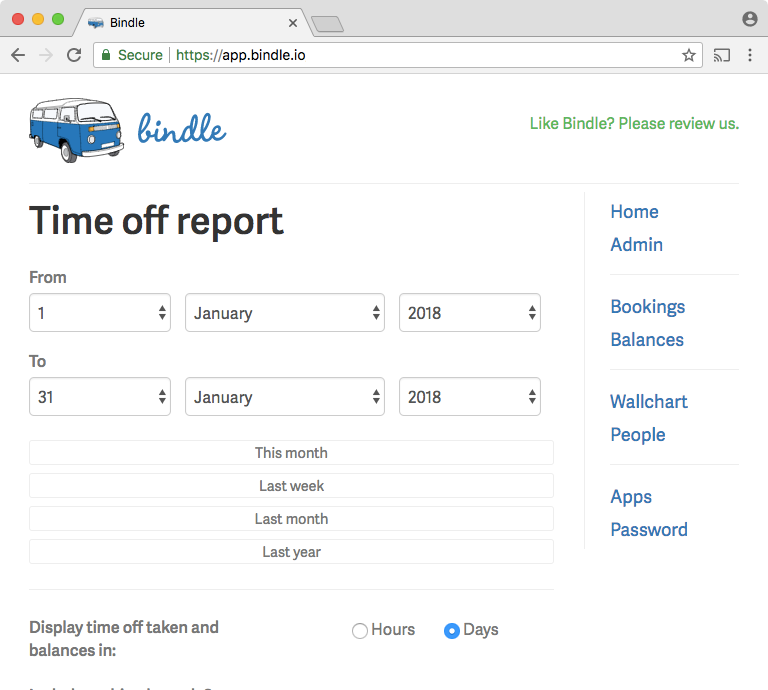 Bindle Software - Time off reports can be produced for specified date ranges in Bindle