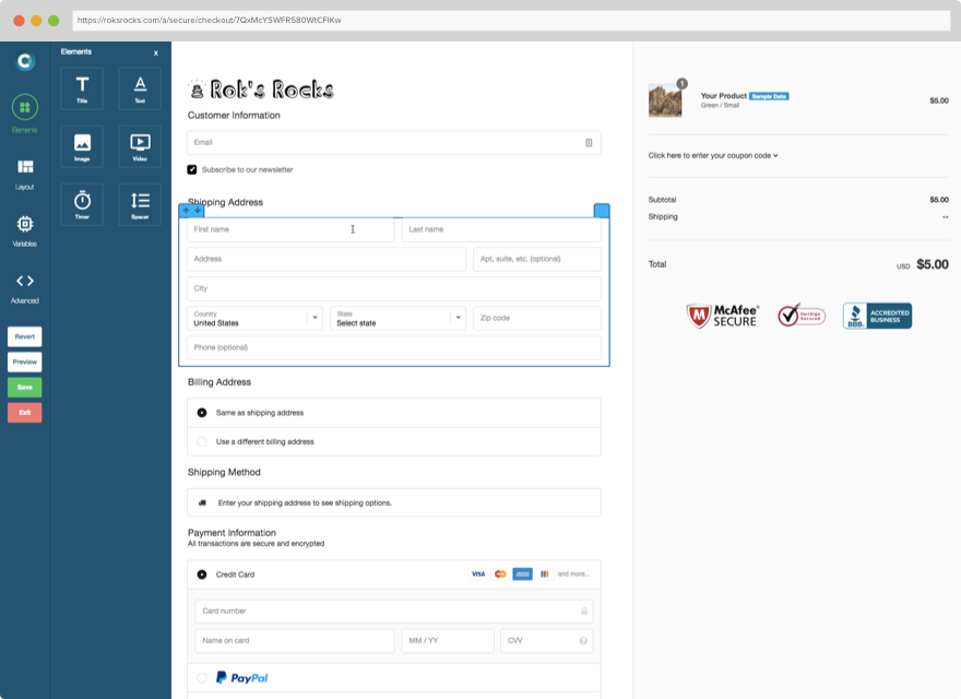 CartHook screenshot: Utilize a customizable one-page checkout