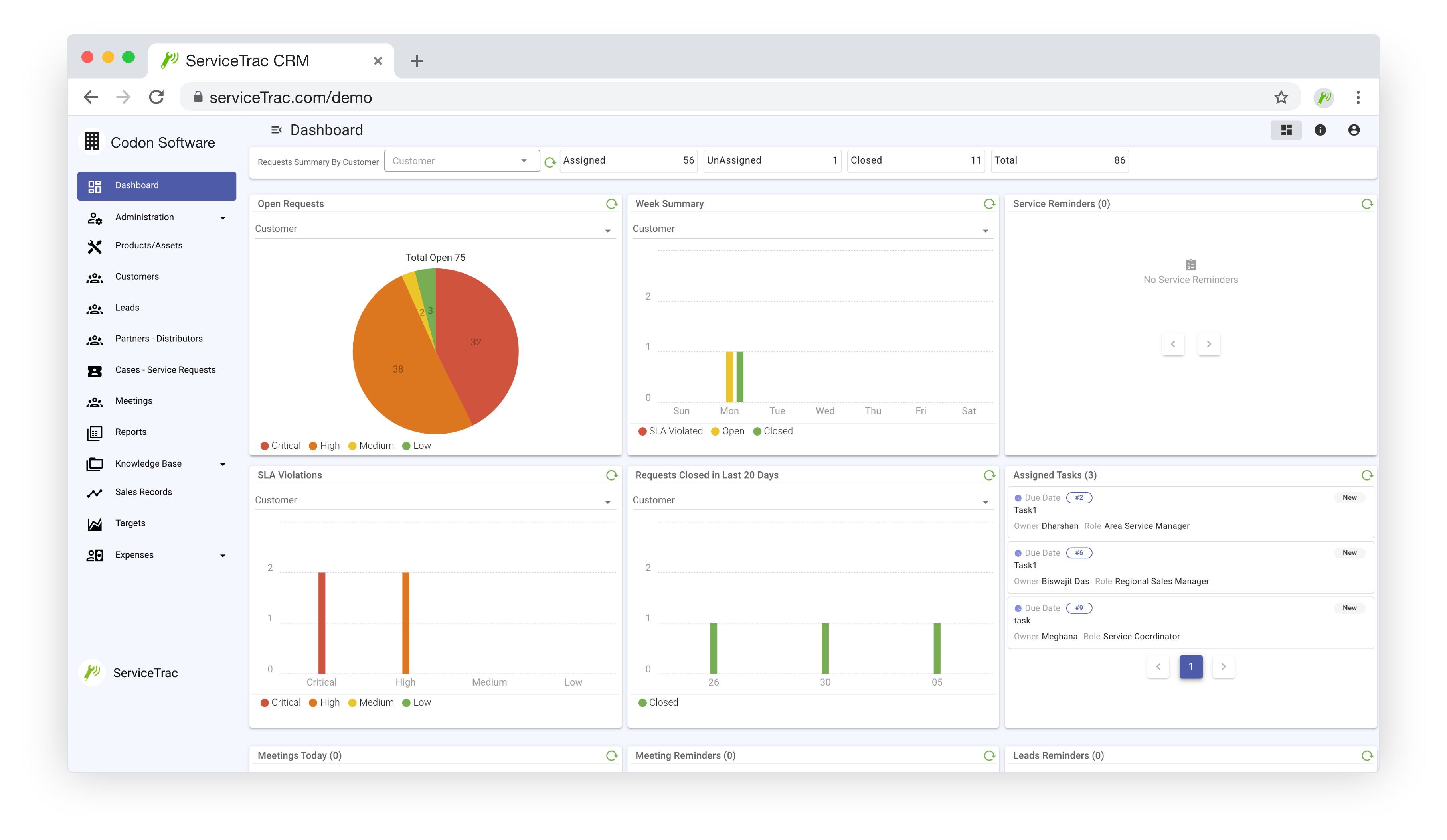 ServiceTrac screenshot: ServiceTrac dashboard