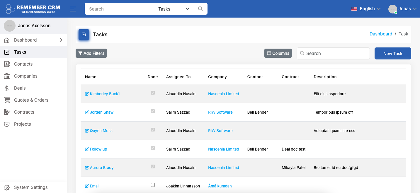 Remember CRM screenshot: Remember CRM tasks
