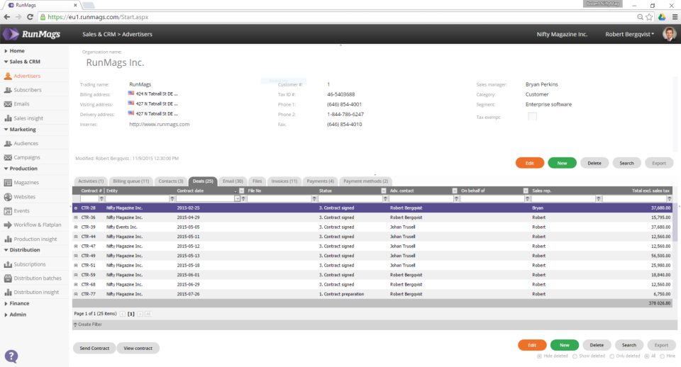 RunMags screenshot: Manage advertisers on RunMags