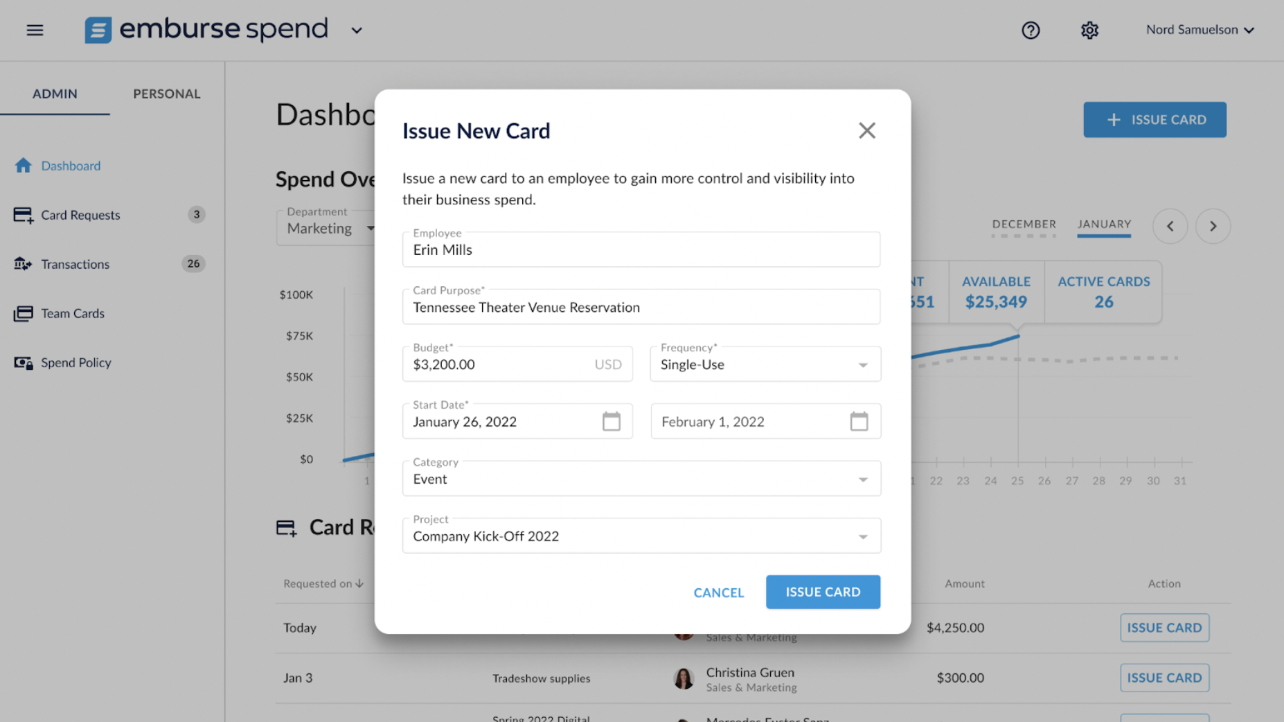 This is the card issuance module a budget manager uses to customize card controls, code budget details, and issue cards to employees.