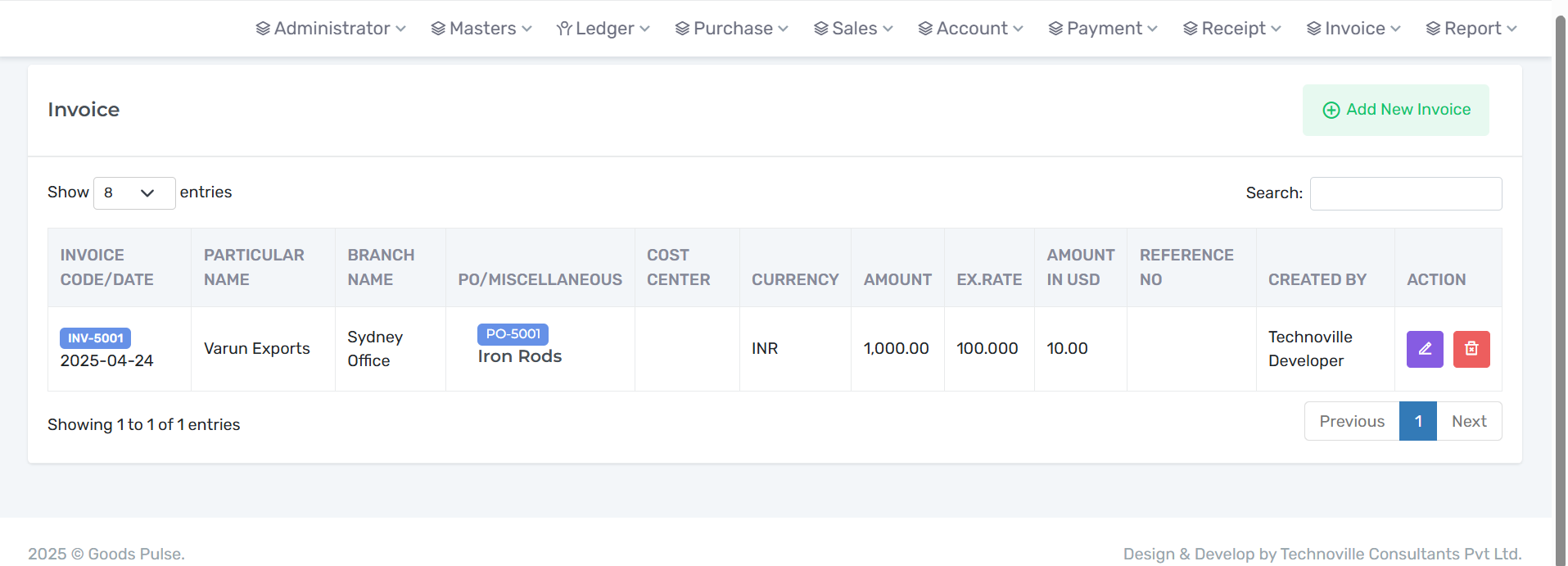 GoodsPulse screenshot: Instantly access all invoices in one unified dashboard.