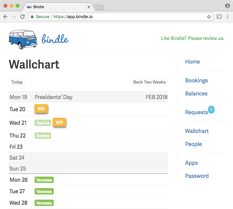 Bindle Software - The wallchart in Bindle shows both approved and pending time-off requests, and can be viewed through external calendar applications