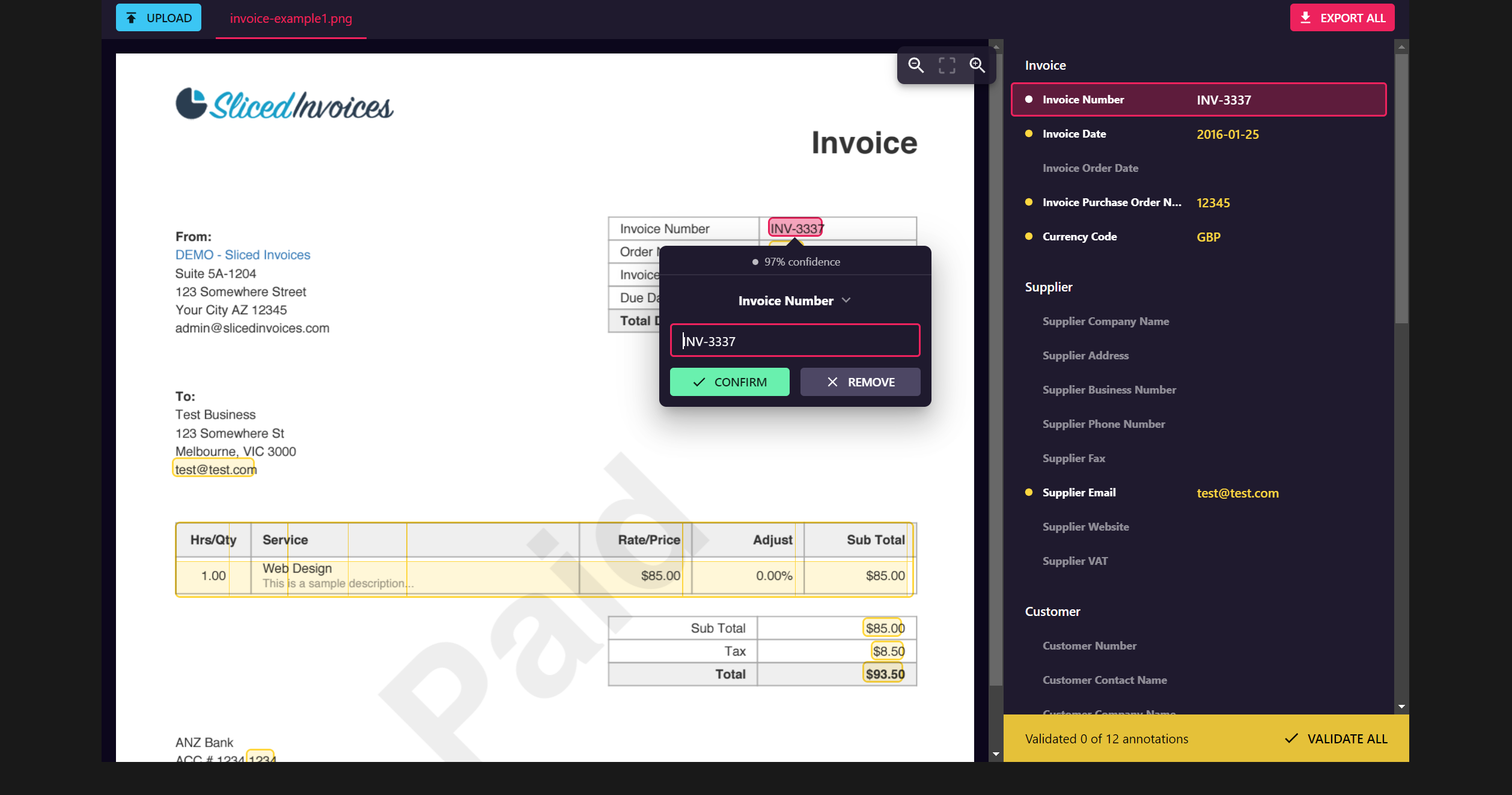 Invoice Extractor validate annotations