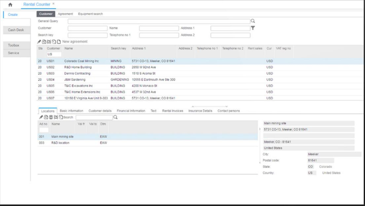 Infor SyteLine Equipment Rental & Service screenshot: Infor CloudSuite Equipment Rental rental counter