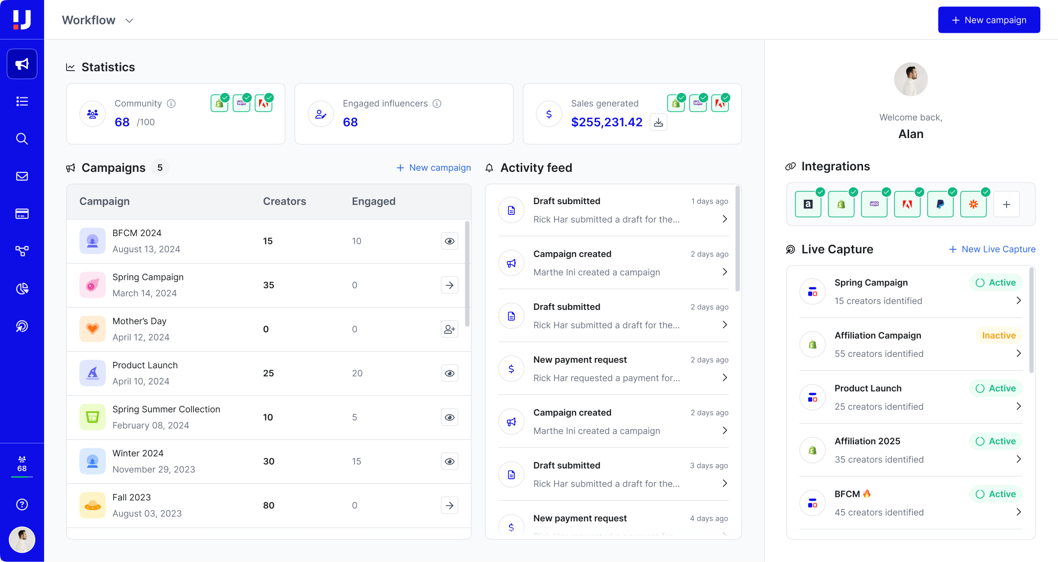 Upfluence Software - Influencer management made easy. 
Manage all your creators in one place. Filter your influencers and keep track of their latest activity to know who is active and who needs a follow-up. Keep track of every stage quickly and easily.