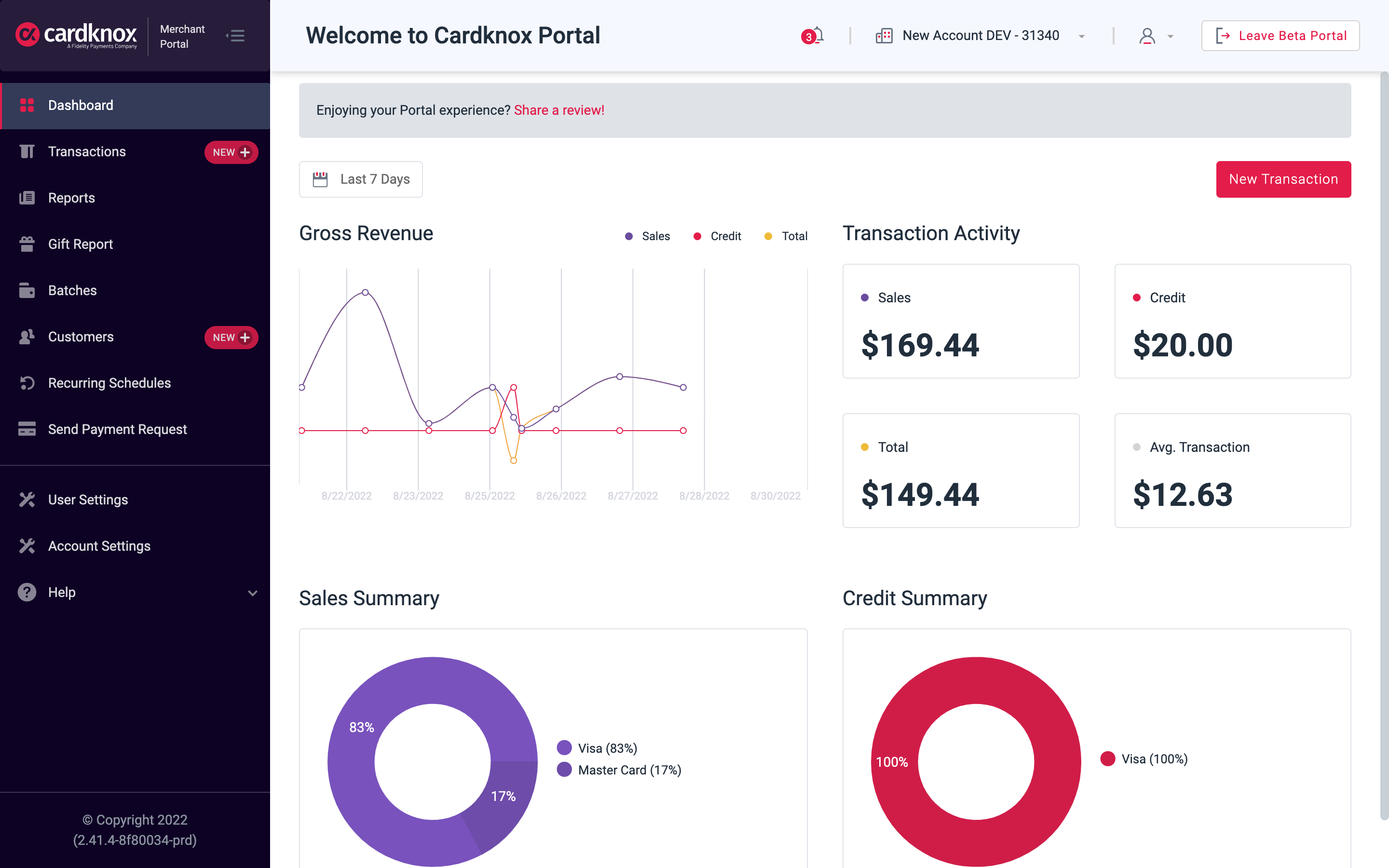 Cardknox screenshot: Cardknox Merchant Portal Dashboard