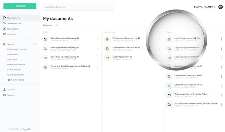 Agrello screenshot: Sometimes it takes more time to collect all necessary signatures.  Agrello's document dashboard is designed to give you clear and instant feedback on which deals need a little push and which ones are successfully completed.