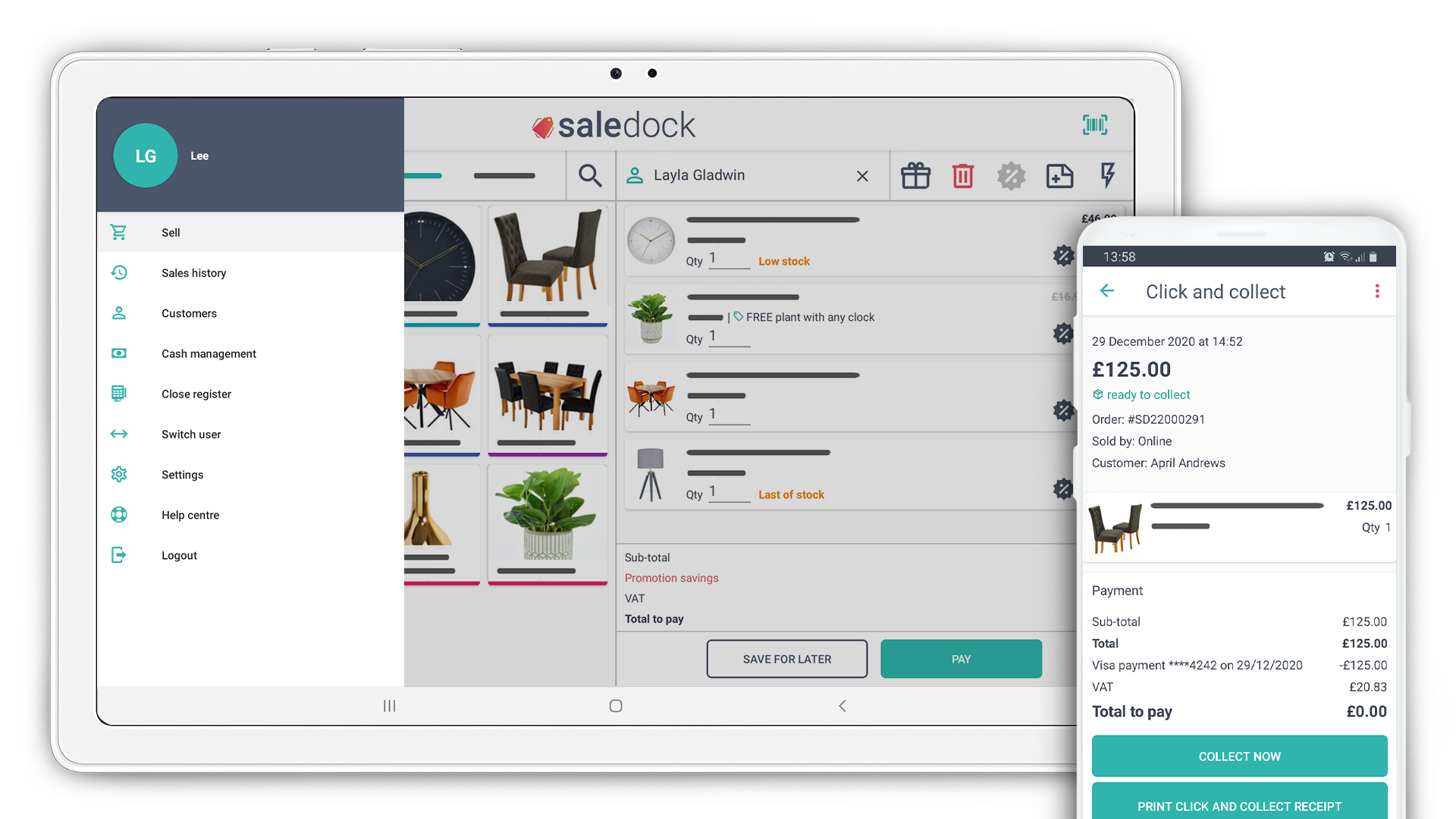 Saledock ePOS available on tablet and phone - Process click and collect orders straight from your ePOS device. Create omni-channel promotions, single or whole order discounts and track stock levels on your ePOS device.
