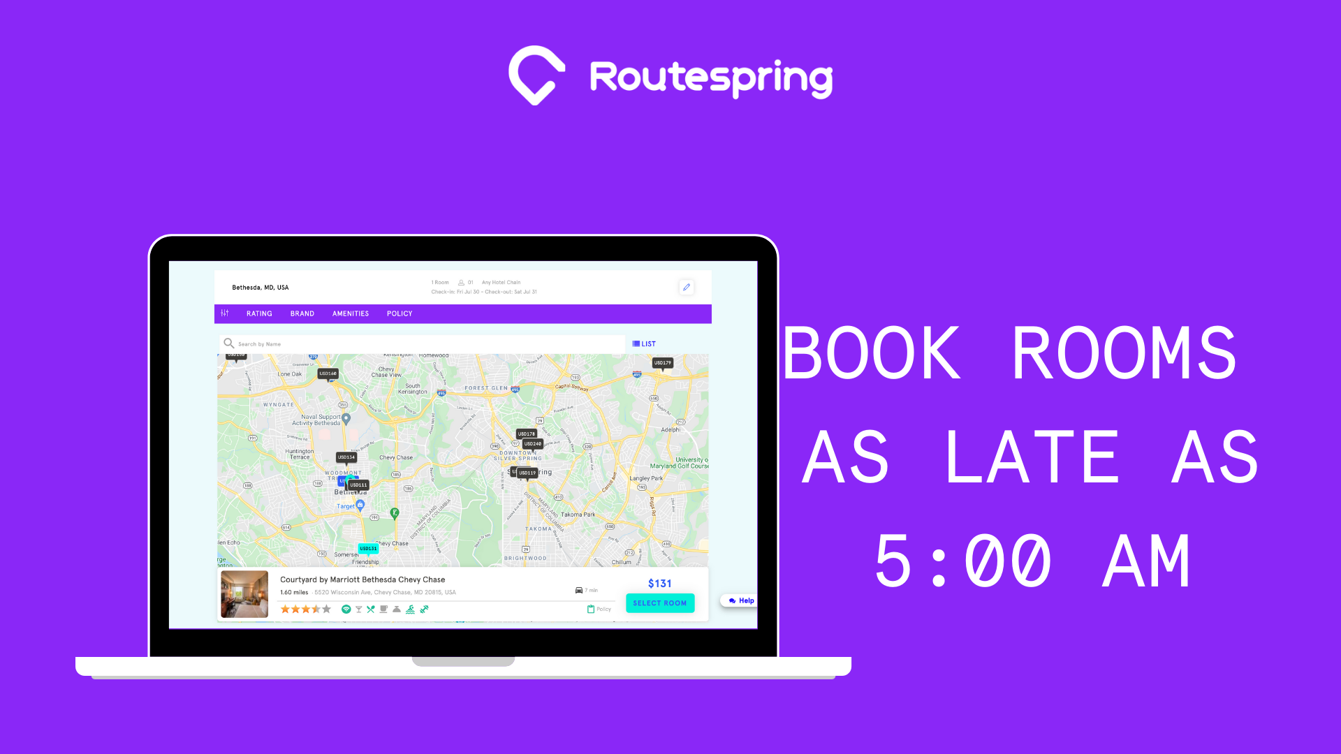 Routespring helps you book rooms as late as 5:00 AM
