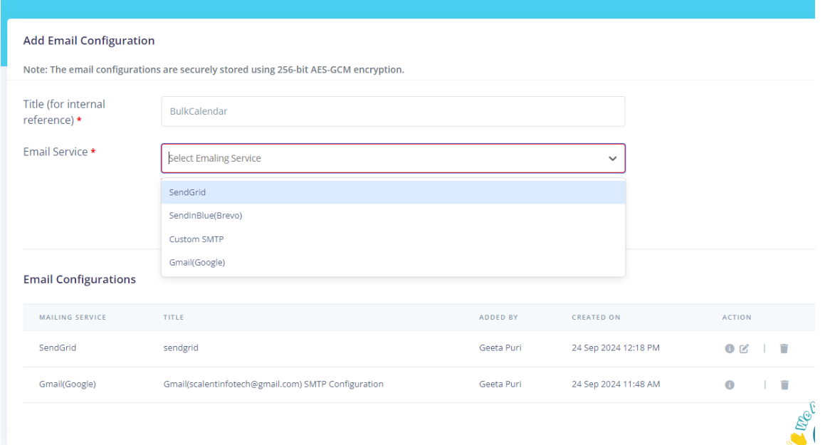 Bulk Calendar screenshot: Bulk Calendar add email configuration