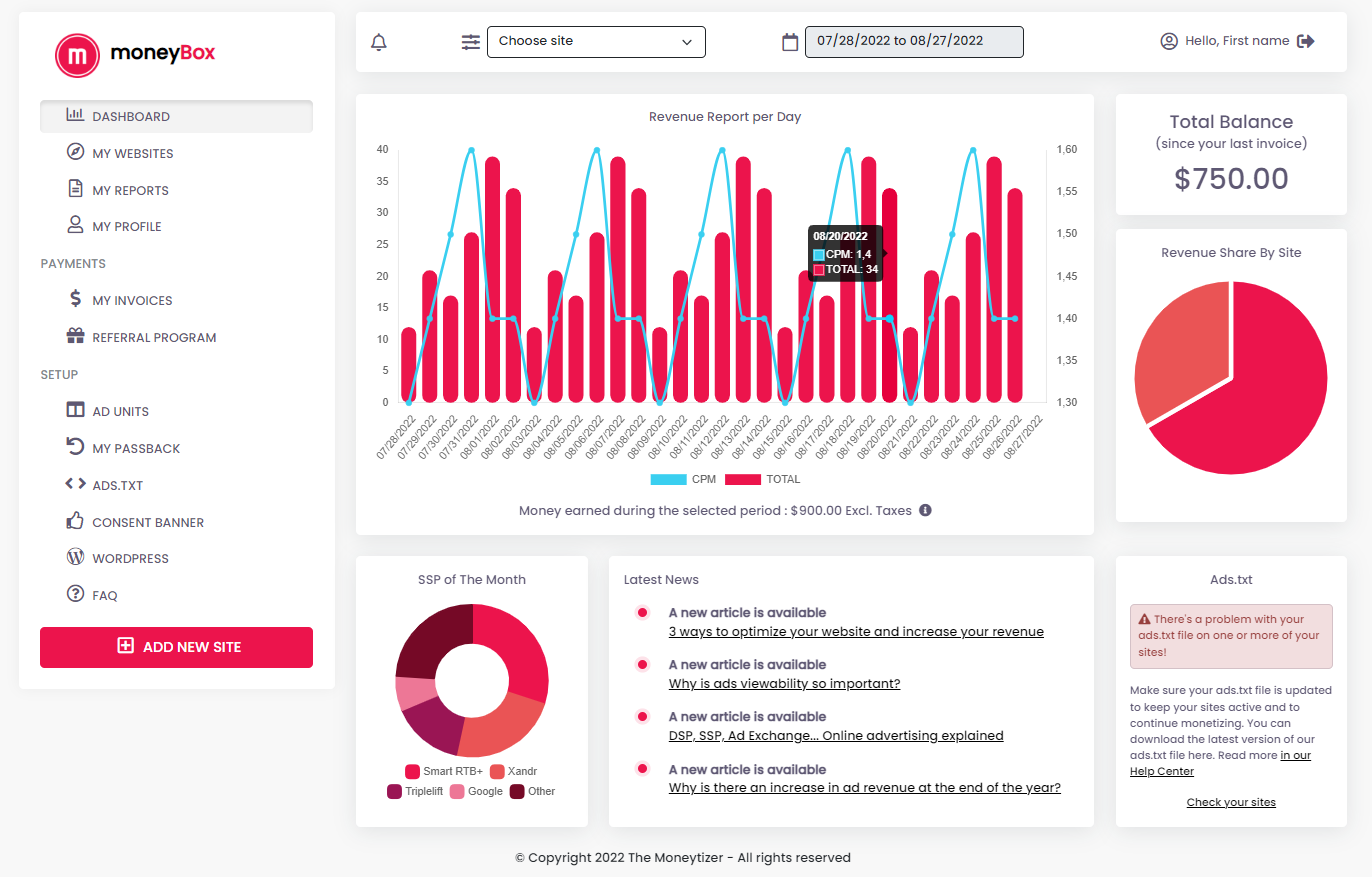 The Moneytizer Software - Your Dashboard with all of your websites data