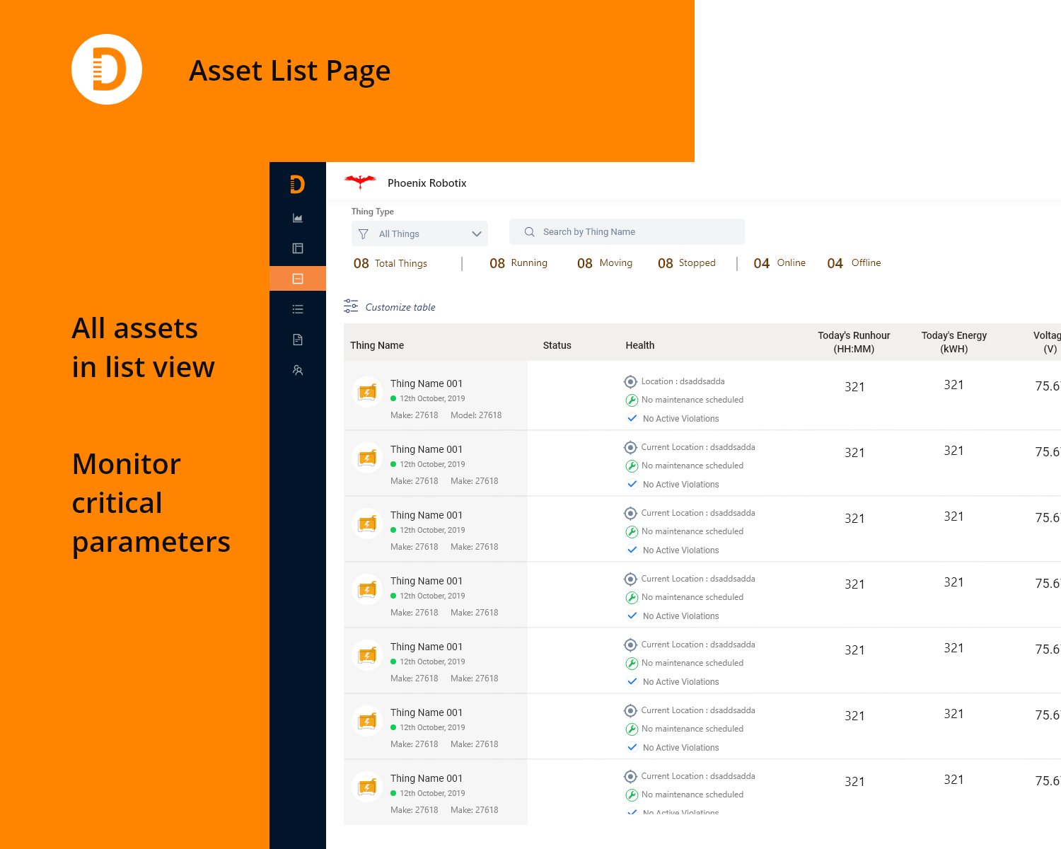 DATOMS Software - Asset List (Health, maintenance, Alerts, Critical Parameters in Real-time)