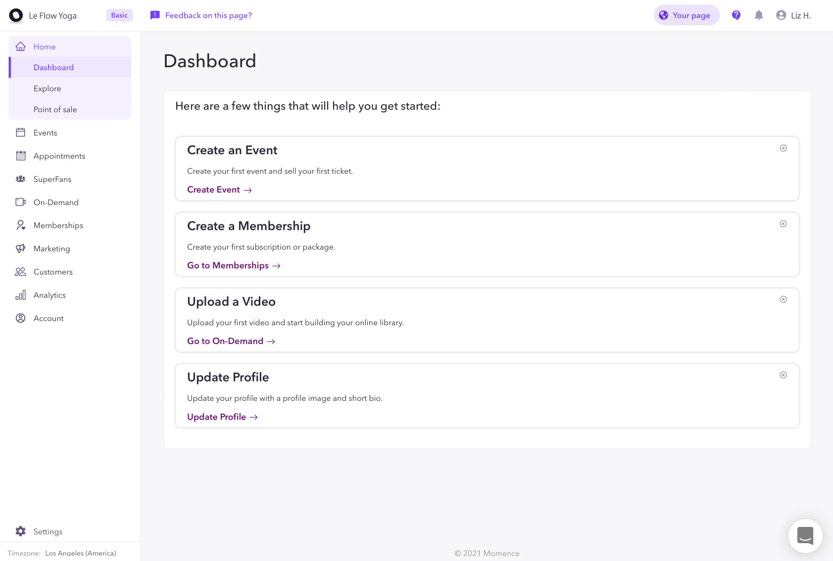 Momence Dashboard - create live events, on-demand video libraries, memberships and subscriptions