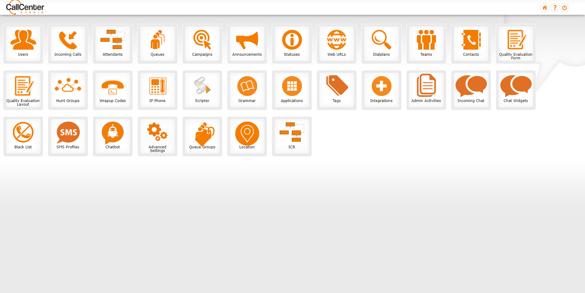 Call Center Studio Software - This is the panel where the system administrator manages the functionalities.
