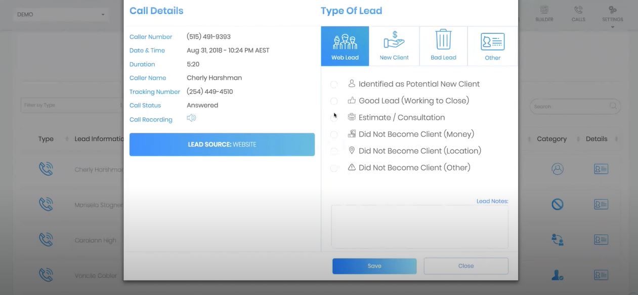 DashClicks view call details