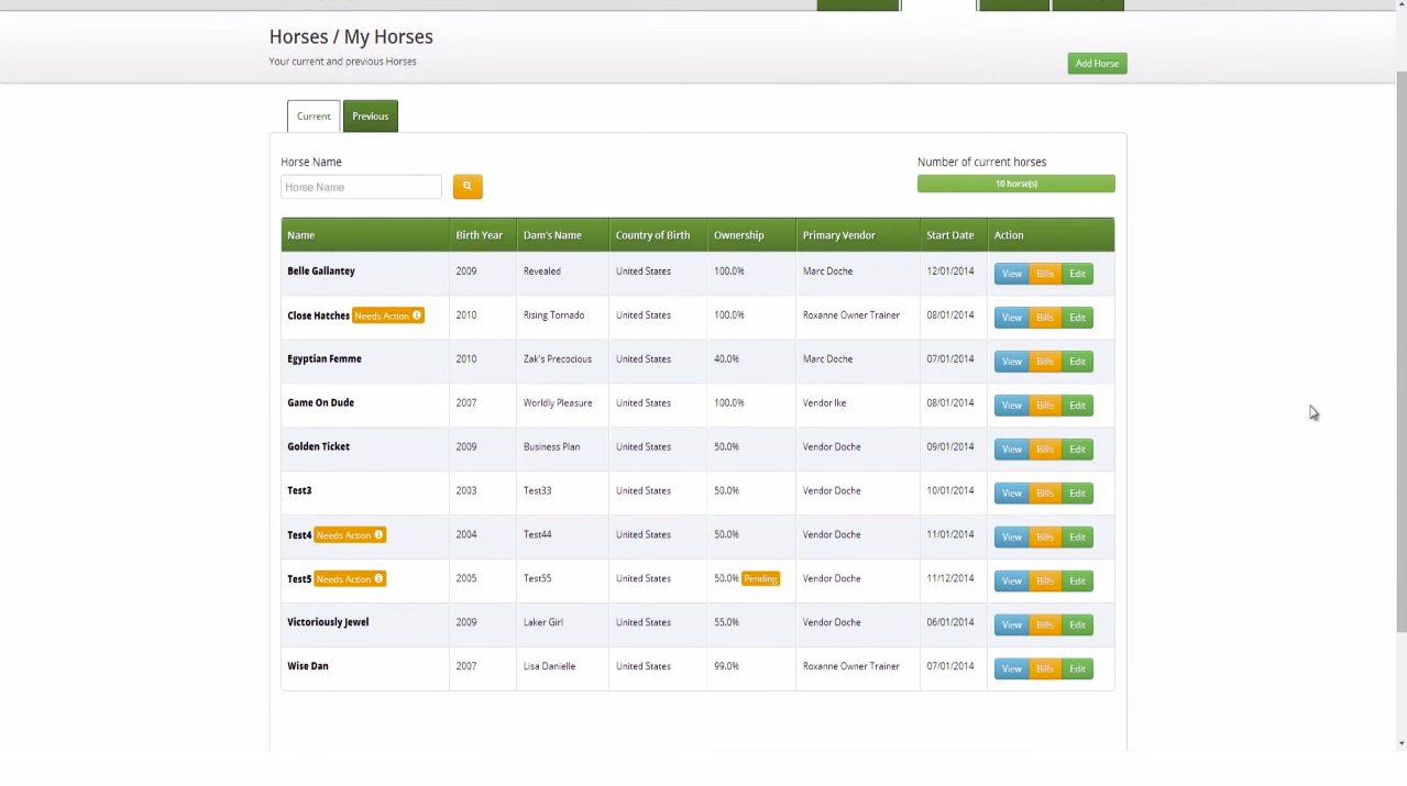 Horsebills horse information includes birth year, ownership, billing records, and more.