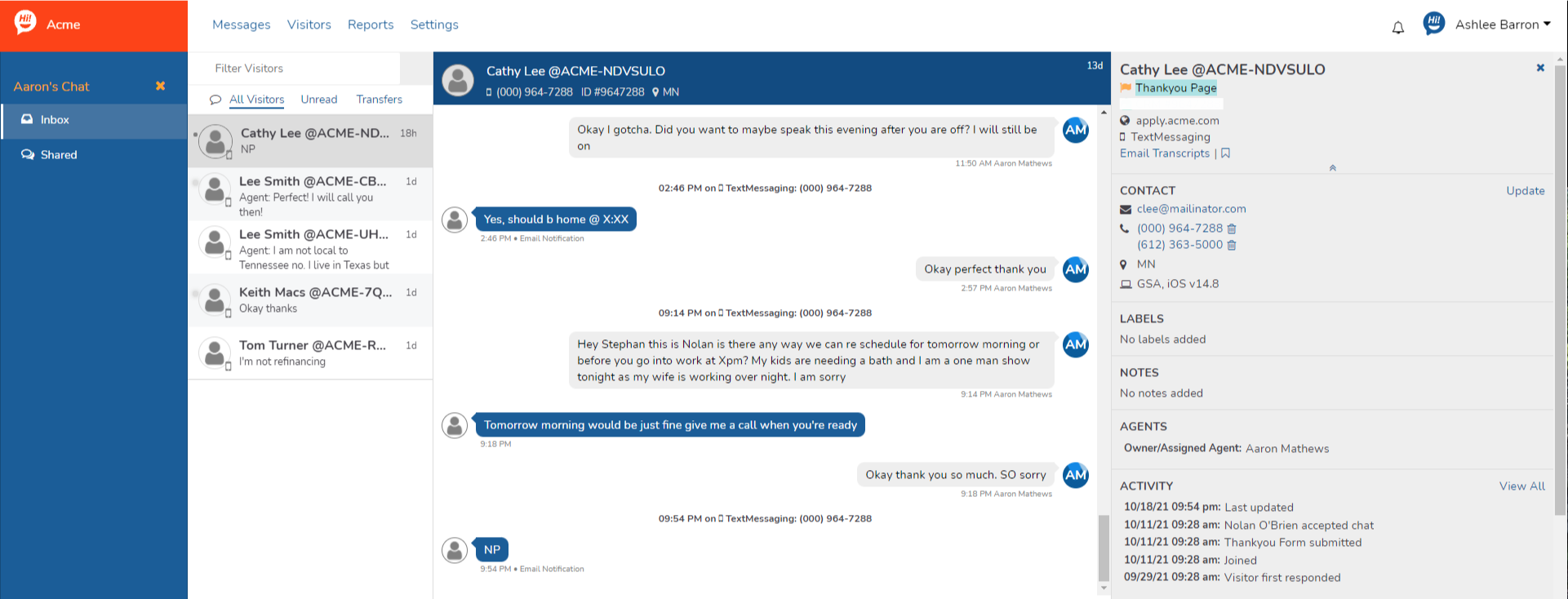 Botsplash screenshot: An overview of how the chat screen looks like when agents chat with visitors
