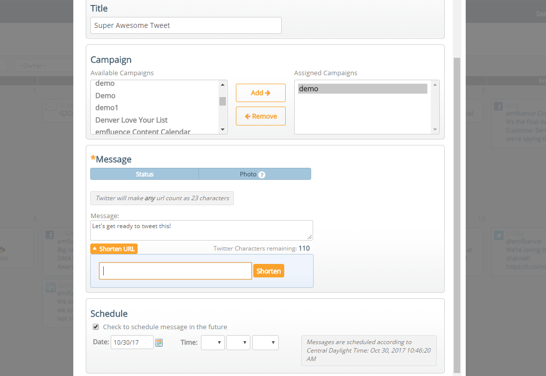 Schedule, track, and tag social media posts to digital campaigns using the drag and drop marketing calendar