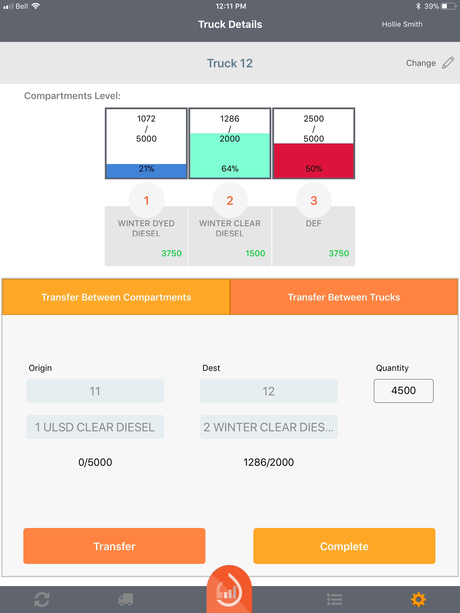 Manage Petro Software - Truck's live inventory control. (mobile App screen)