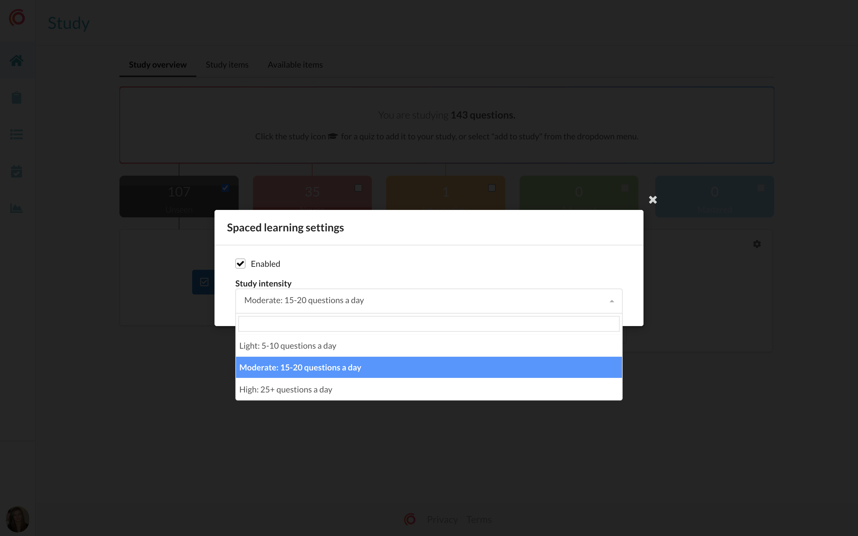 Synap Software - Learners can choose the intensity of their spaced learning quizzes