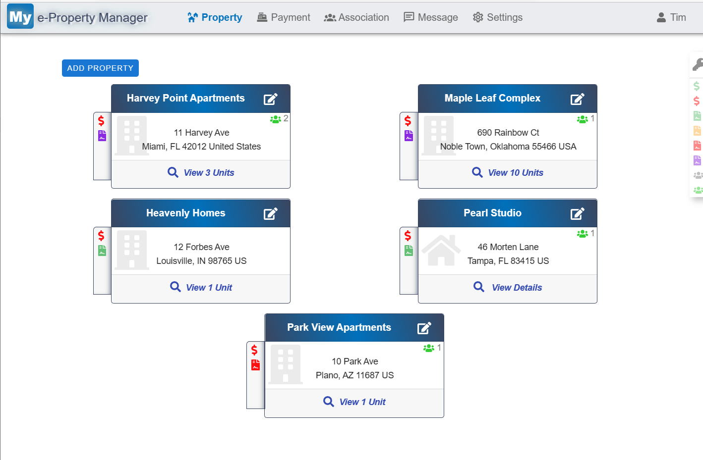 My e-Property Manager screenshot: Now you can login on any day and look at color coded keys to help identify properties with outstanding balances, vacancies and more! You can then drill into the individual properties to get a more detailed view of the underlying units.