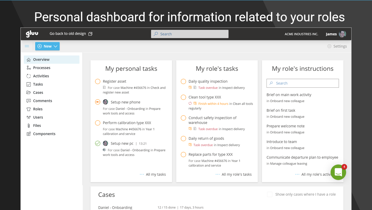 Gluu Software - Personal overview: Each user sees just the roles, activities and tasks that are relevant to him.