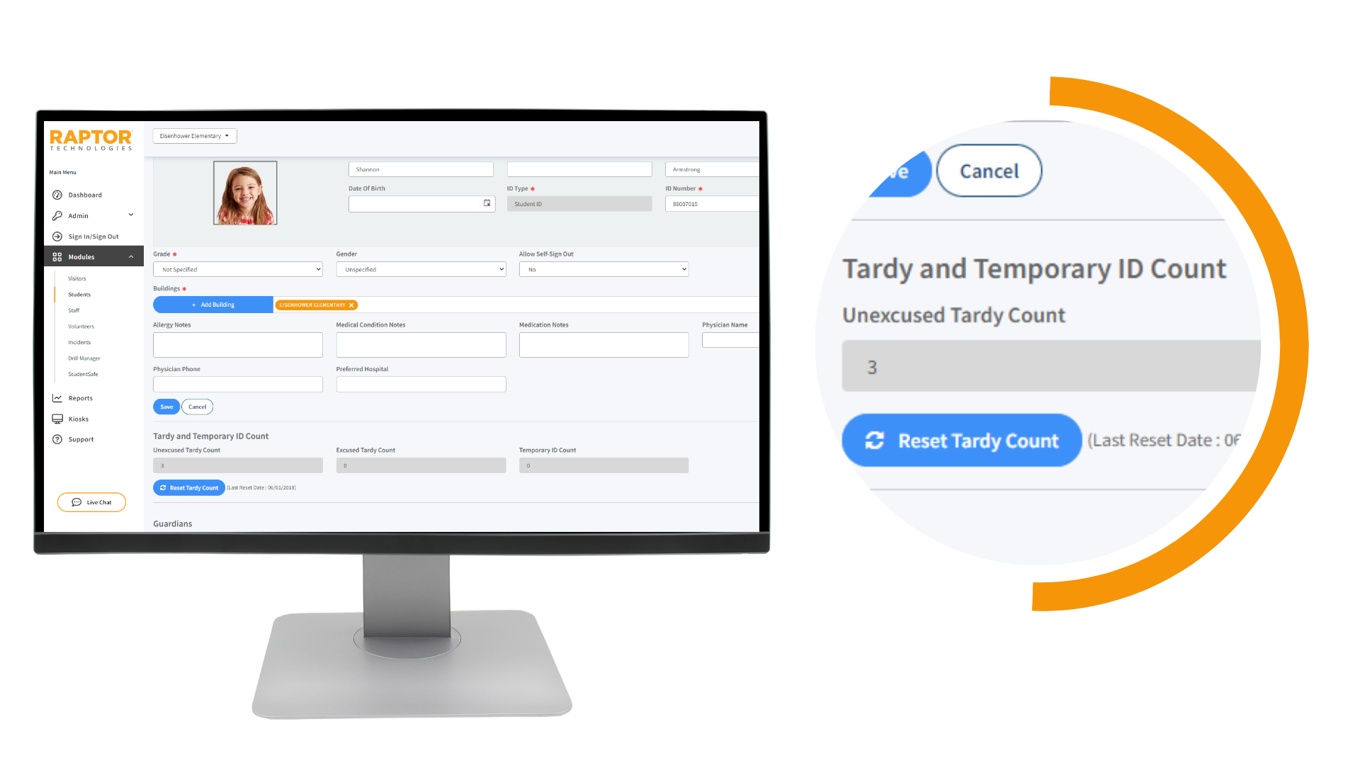 With the student module, track both tardies and early dismissals, and know that you are releasing students to only approved guardians. Sync with your student information system for student, staff, and guardian data. 