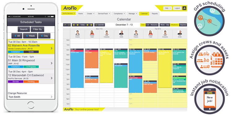 AroFlo screenshot: Drag and drop tasks directly into the calendar to efficiently assign to staff in real time