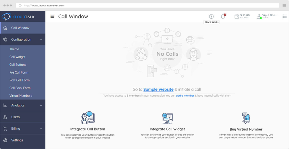 Kloudtalk screenshot: Overview dashboard