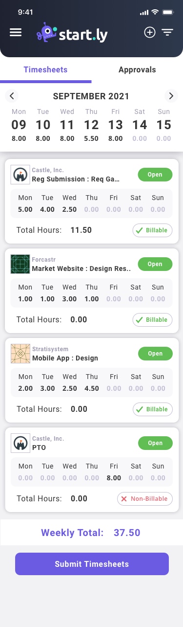 Mobile timesheet submission and approvals