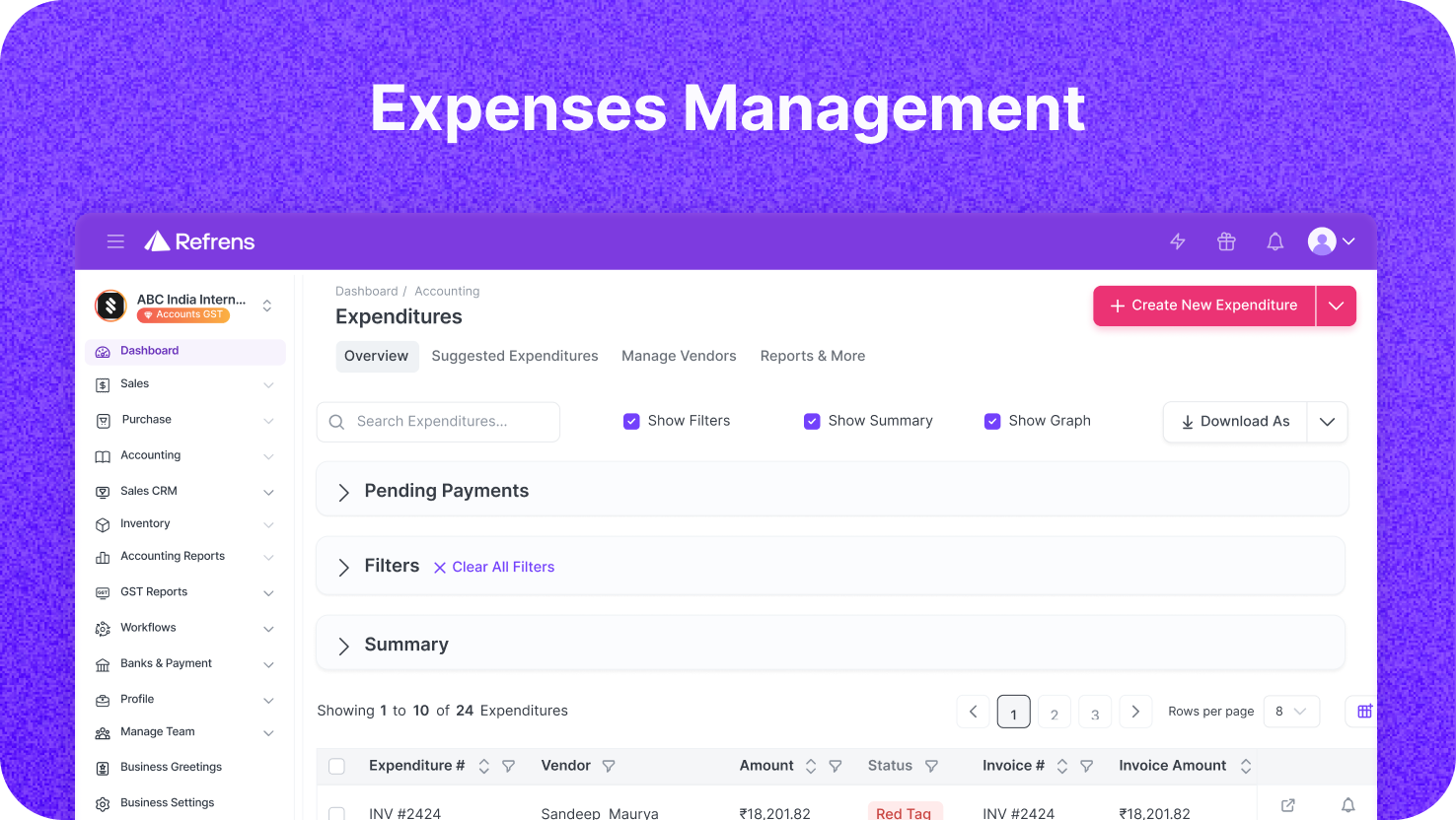 Refrens Software - Record & track purchases, admin expenses, petty expenses, employee salaries/reimbursements, and more.  Manage vendor leads, set up vendor onboarding approval workflows, verify vendor KYC, and more.