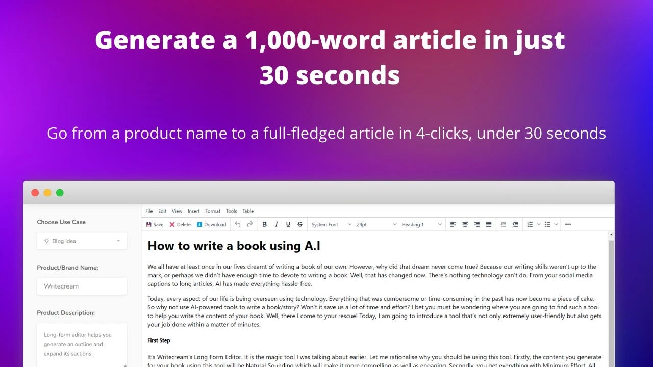 Writecream Software - Generate a blog article using AI in seconds