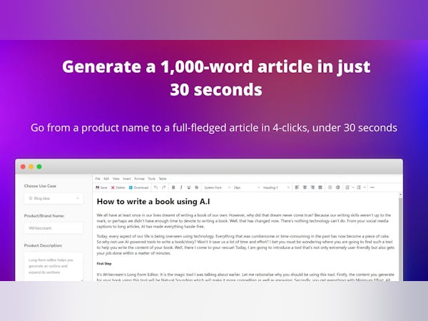 Writecream Software - Generate a blog article using AI in seconds
