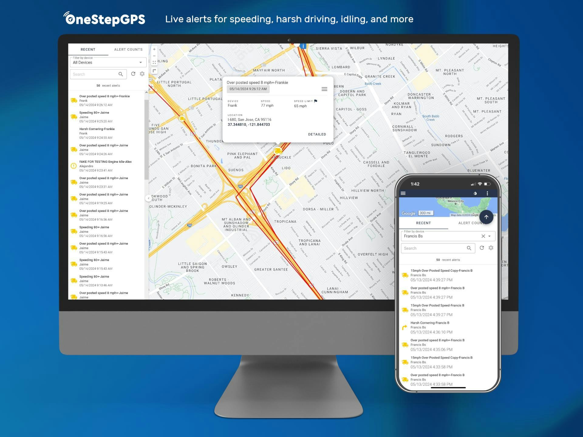 One Step GPS Software - Live alerts for speeding, harsh driving, idling, and more