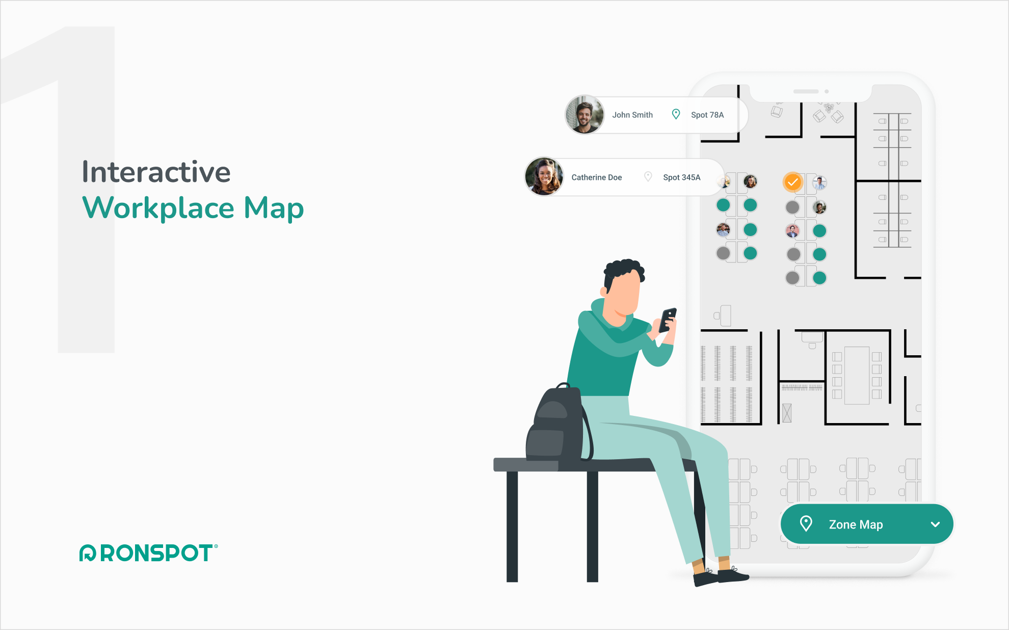 Ronspot screenshot: View desk, parking or meeting room availability in real time and get visibility of who has already booked a space in that zone. Book your desk, parking or meeting room directly from the map.