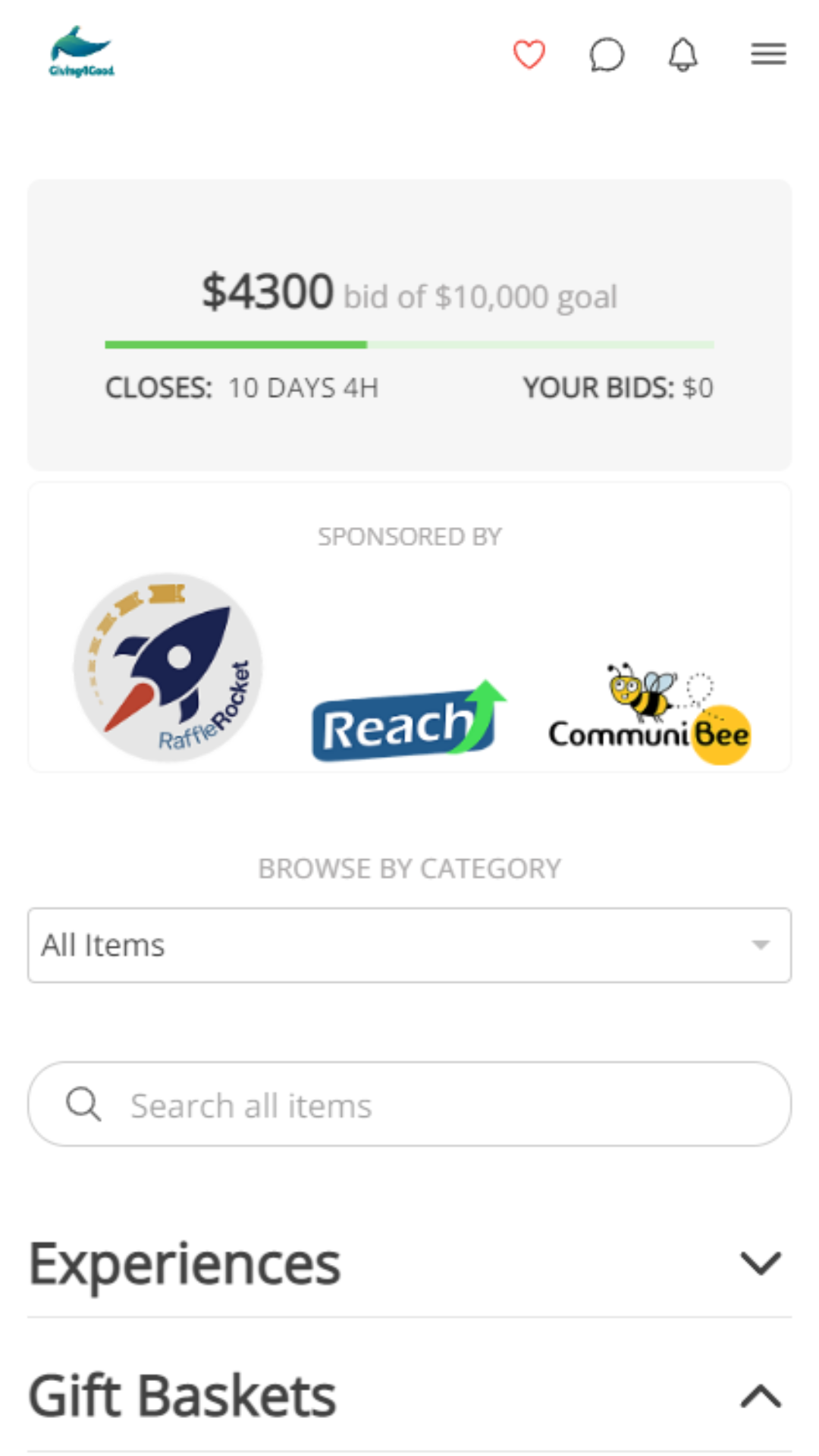 Optional goal tracker, sponsor carousel and categories on the item browse screen of an auction.  Search functionality helps users find items fast, favoriting items keeps them in your menu and chat functionality allows guests to communicate with admins.
