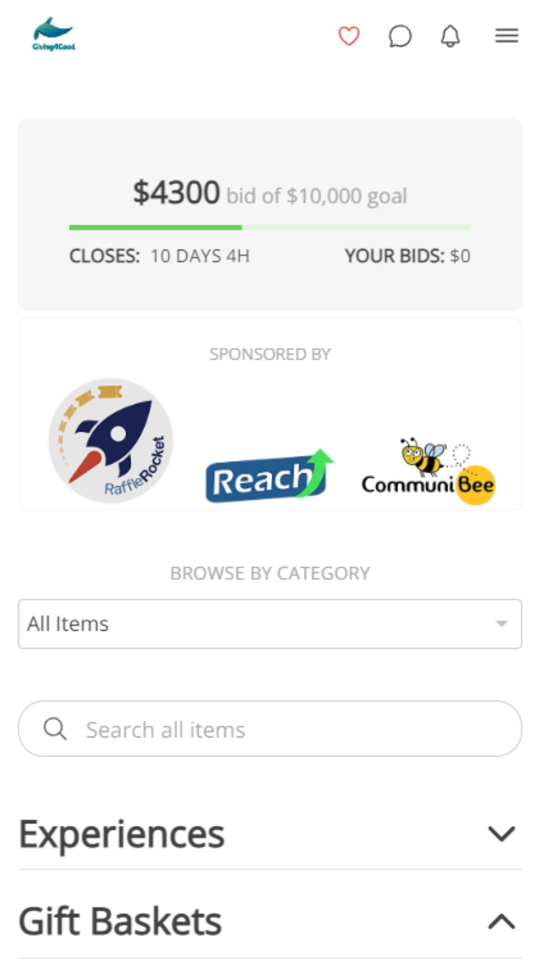 Bid Beacon Software - Optional goal tracker, sponsor carousel and categories on the item browse screen of an auction.  Search functionality helps users find items fast, favoriting items keeps them in your menu and chat functionality allows guests to communicate with admins.