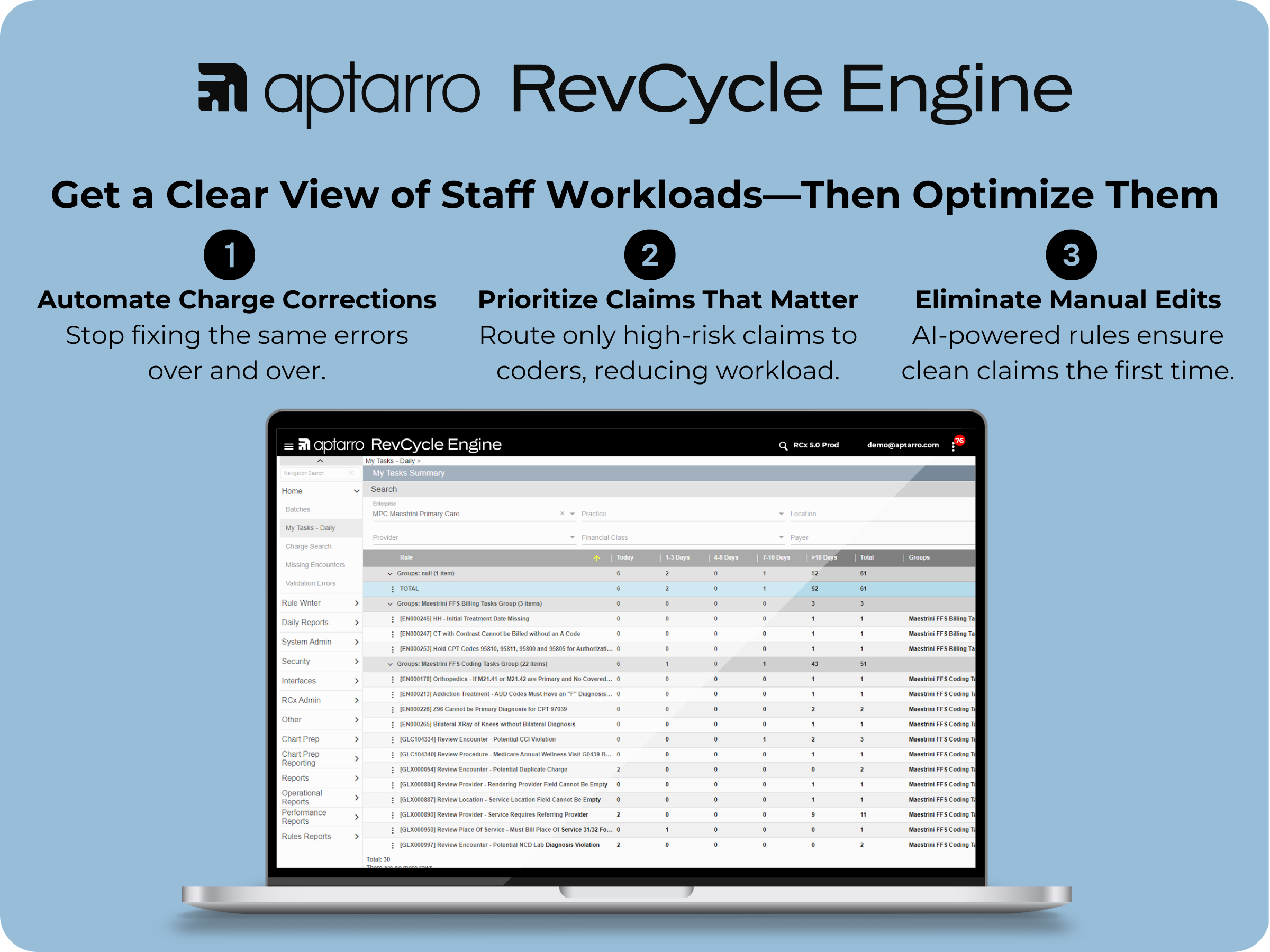 RevCycle Engine screenshot: RevCycle Engine automates charge corrections, prioritizes high-risk claims, and eliminates manual edits—giving teams a clear view of workloads and reducing repetitive tasks.