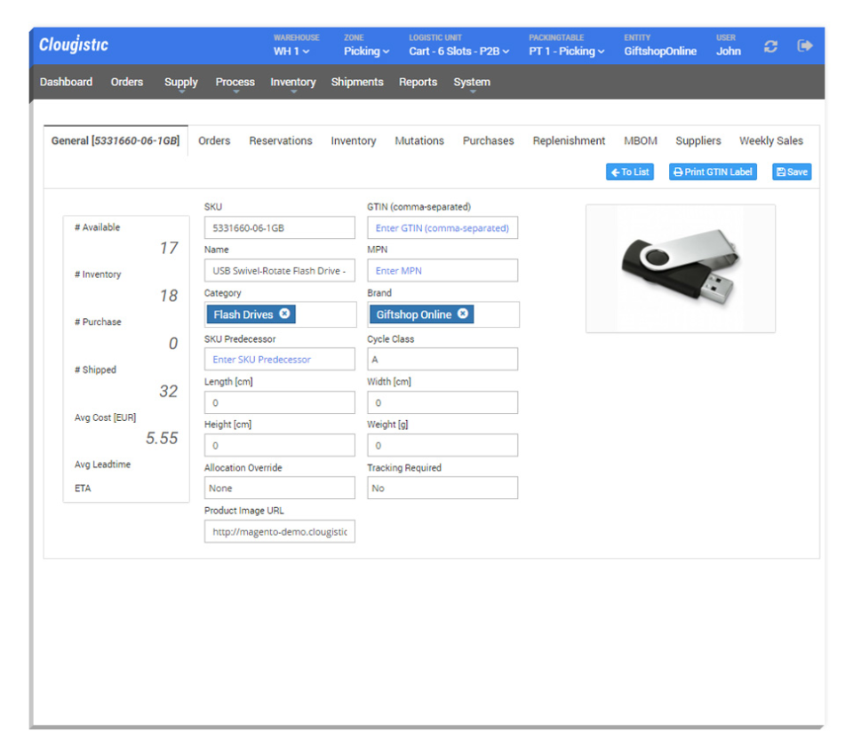 Clougistic Software - Product detail pages allow for every aspect of a stocked product to be defined, including availability, inventory level and those already shipped